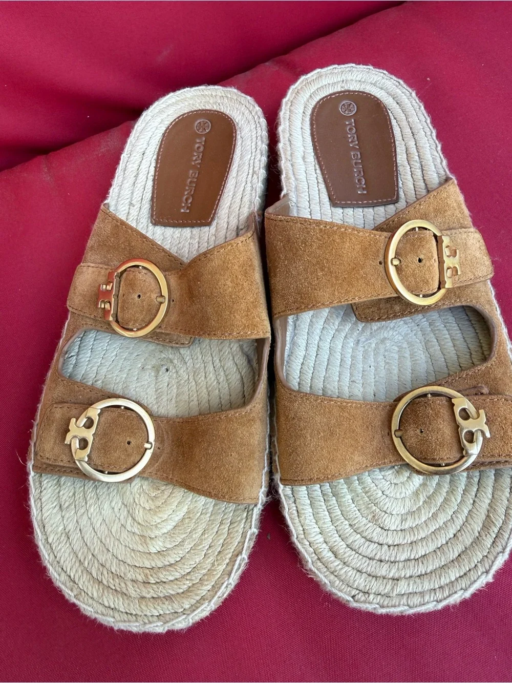 Tory Burch Tan Suede Double-Buckle Espadrille Slide Sandal